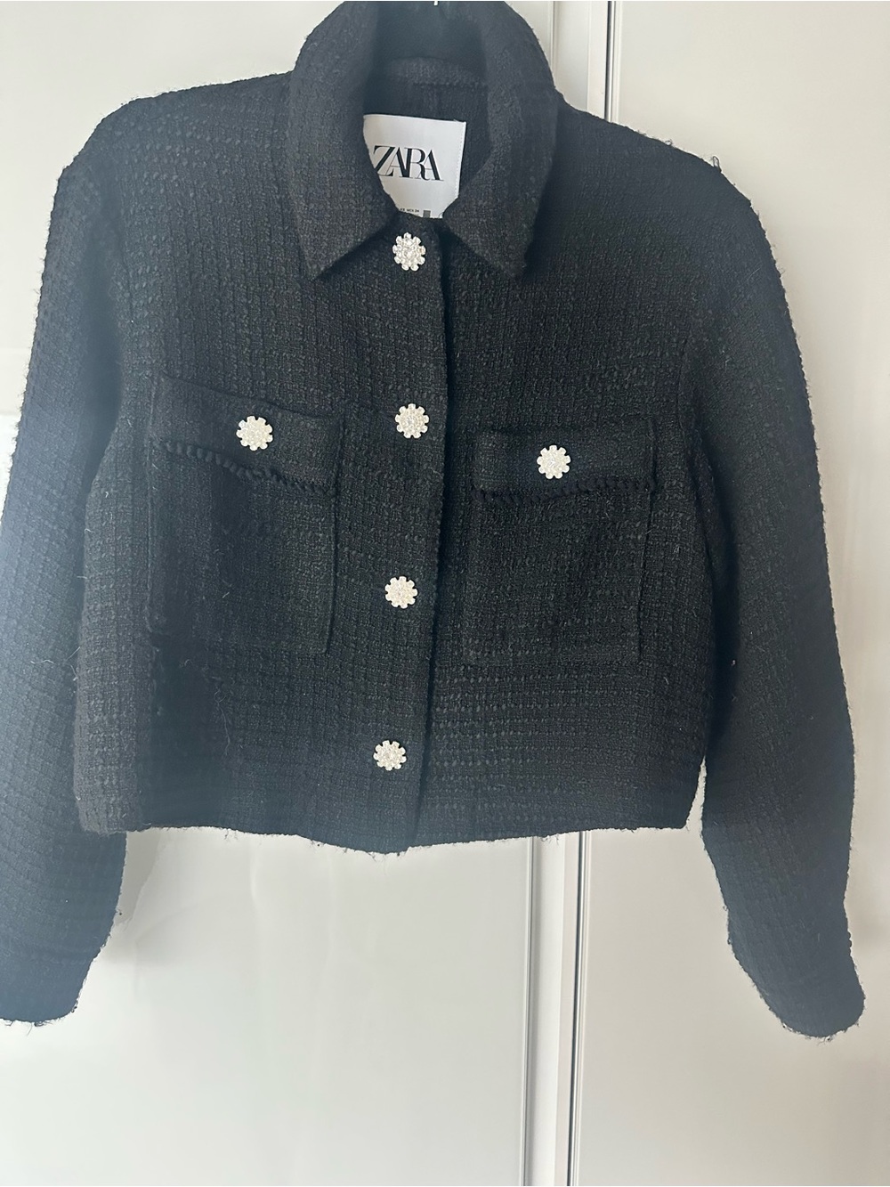 ZARA Black Tweed Cropped Jacket with Floral diamond Buttons